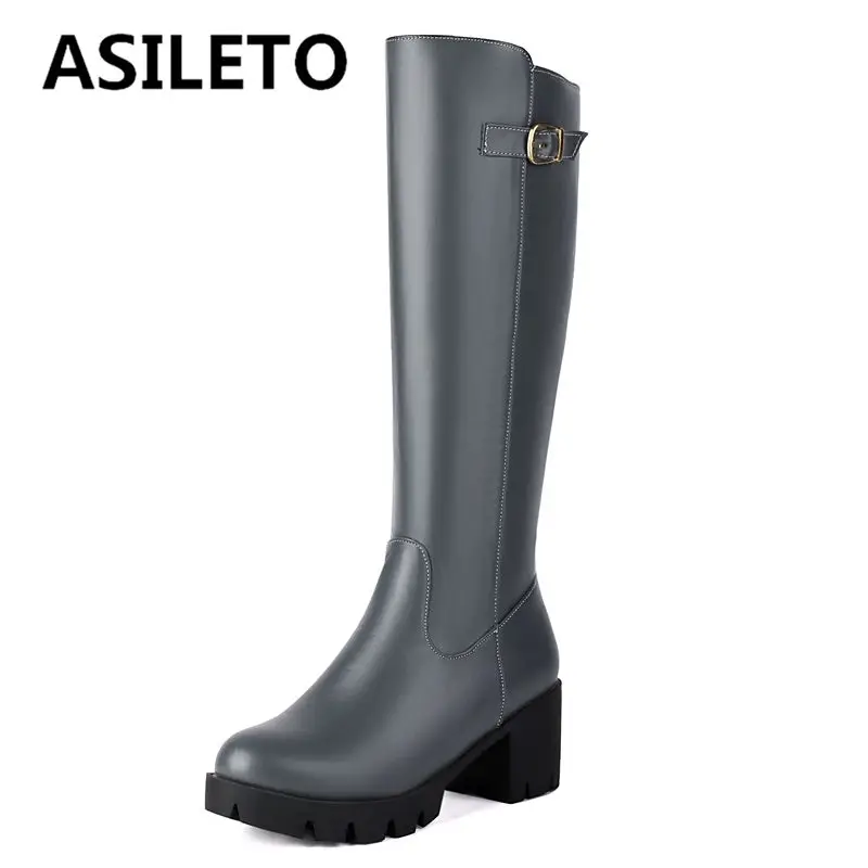 ASILETO Motorcycle Boots for Women Round Toe Block Heels 6cm Platfrom 2cm Zipper Belt Buckle Plus Size 45 46 Retro Daily Bota