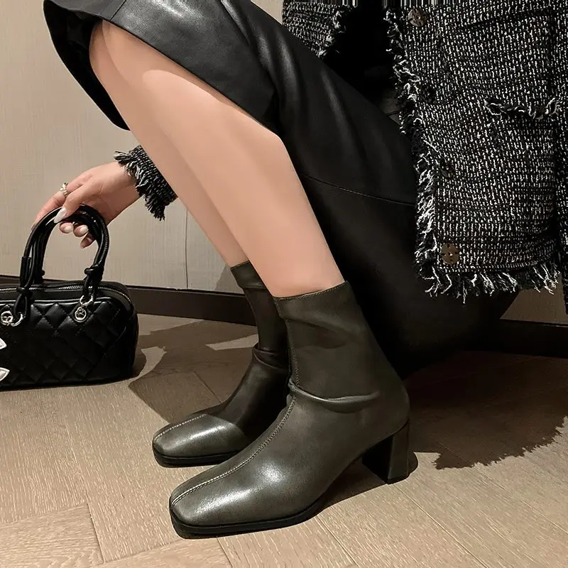 TOTOMELA Plus Size 34-42 New 2024 Genuine Leather Boots Square Toe High Heels Ankle Boots Autumn Winter Office Dress Shoes