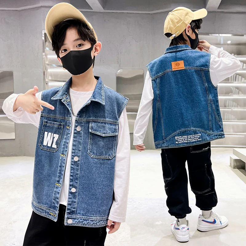 

New Stylish Boy's Sleeveless Denim Vest with Pocket Kids Children Spring Summer Clothing Outfit Denim Waistcoat Age 5 To 14 Y