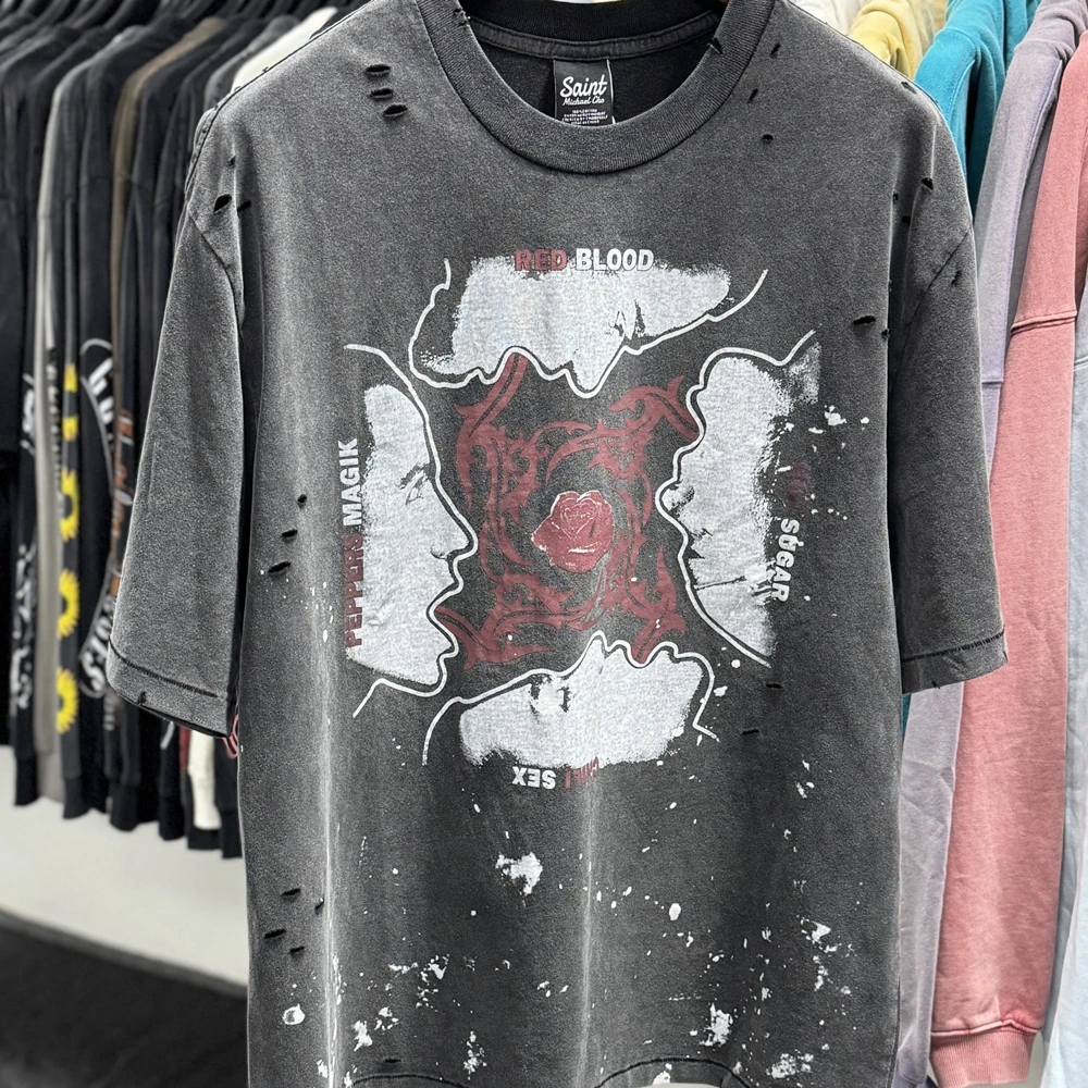 

Washed Saint Broken Hole Band Print T-shirt Men Women Best Quality Tops Tee T Shirt
