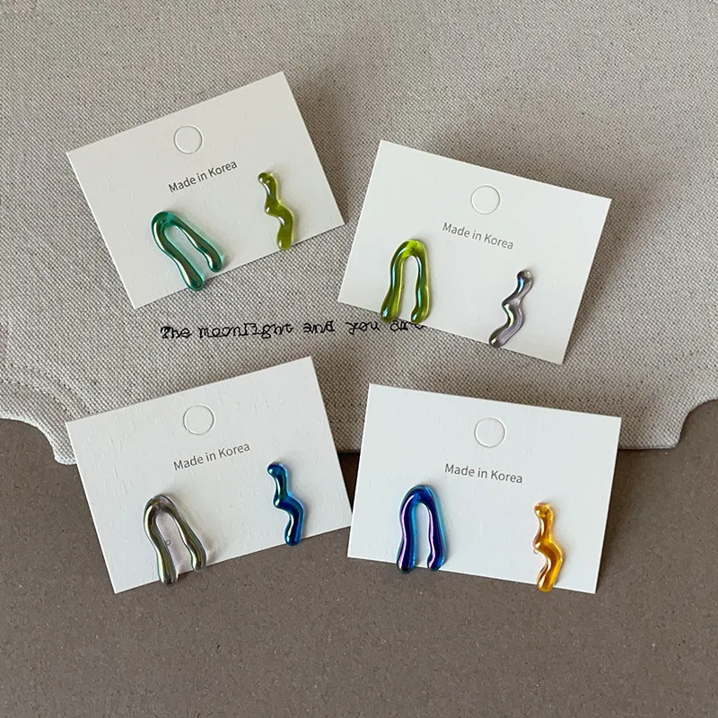 Minar Cute Lovely Asymmetric Mix Color Irregular Water-wave Geometrical Resin Dangle Earrings for Women Female Birthday Gifts