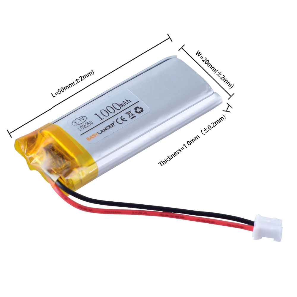 JST 2.0 2P 1000mAh 3.7V 102050   Batería recargable de polímero de iones de litio