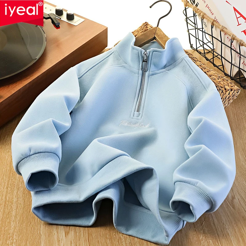IYEAL Kids Half Zip Sweatshirt, Stand Collar Embroidered Long Sleeve Pullover, Solid Color Casual Boys Girls Spring Autumn Tops