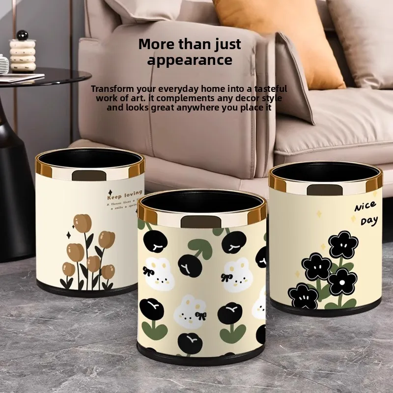 

Симпатичная двухслойная круглая корзина для мусора большой вместимости для офиса, отеля, дома, из кожи и полипропилена, без крышки