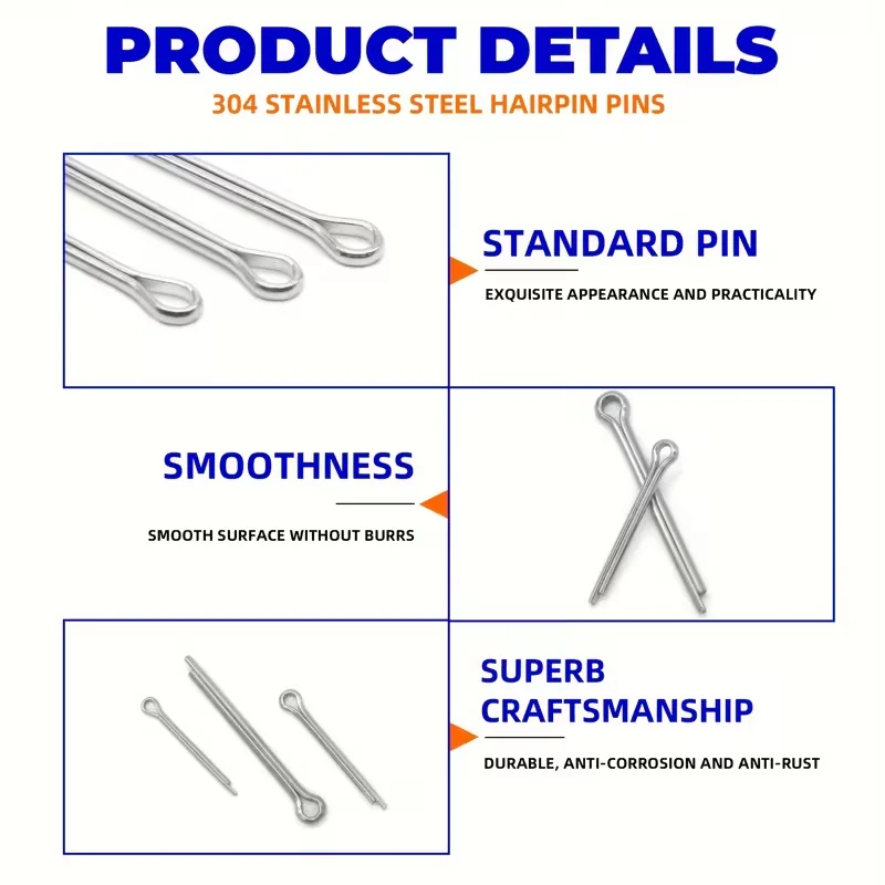 175pcs Stainless Steel Cotter Pin Kit Elastic Hairpin Pins Bayonet Pivot Pin Spring Pin U-Shaped Pin Separation Clip Fasteners