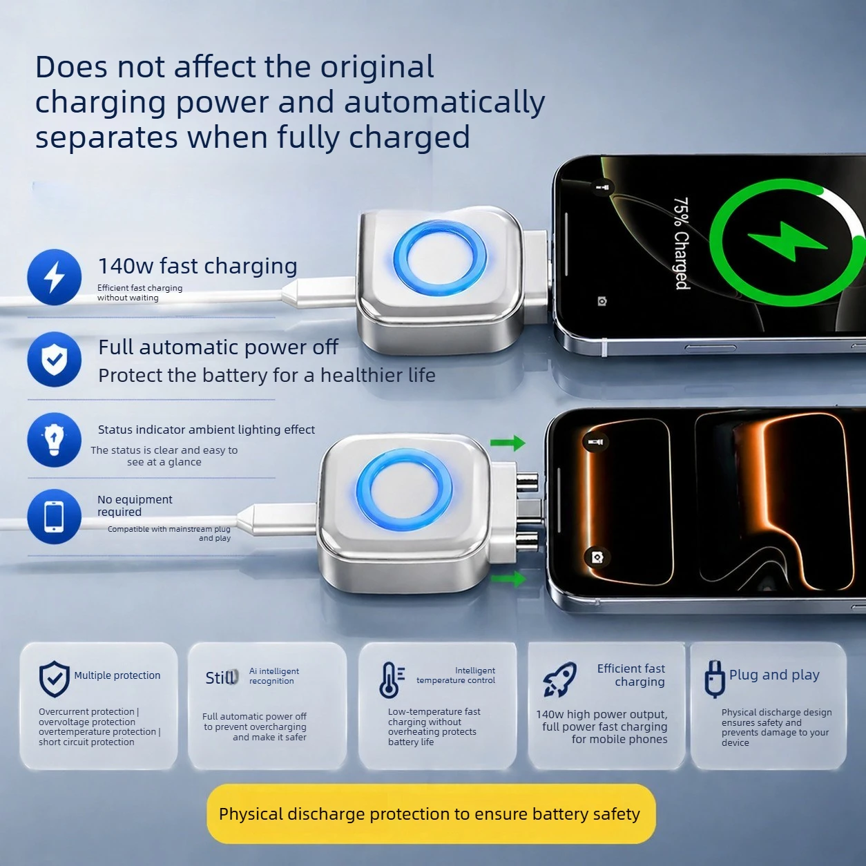 140W Fast Charging Data Cable Automatic Power-Off Full-Capacity Separator for Mobile Phone Charging