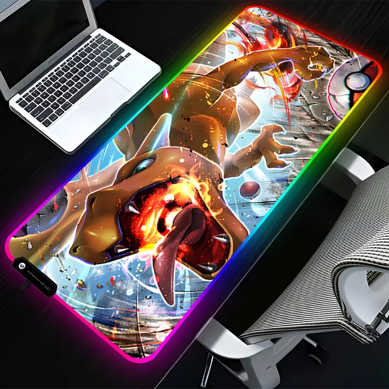 

RGB LED Mouse Pad Rubber HD Mousepad Computer Gaming Accessories Keyboard Pad Office Non Slip Desk P-pokemon Charizard Mouse Mat