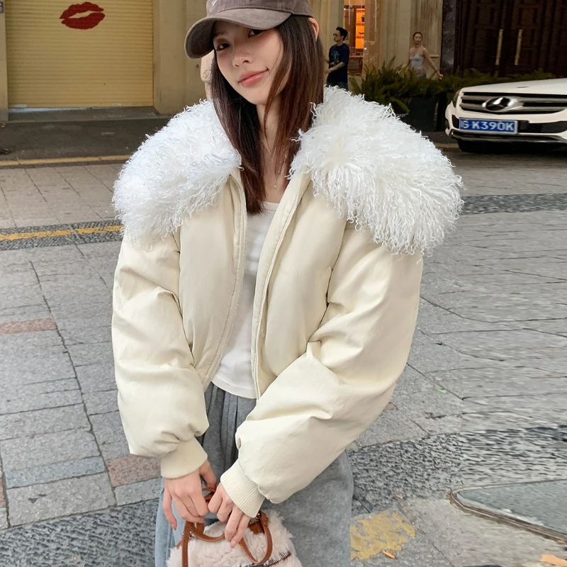 Sherpa Coat Women - เสื้อโค้ทกันหนาวผู้หญิงแบบพาร์กา รุ่นใหม่ ทำจากหนัง PU บุด้วยใยฝ้าย แจ็คเก็ตสั้นพร้อมคอปกขนแกะ