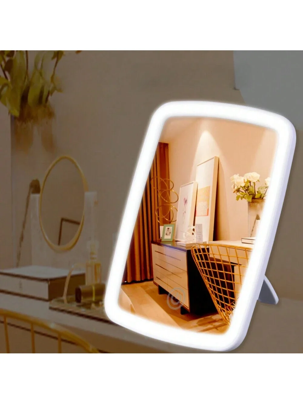 Specchio per trucco a LED con supporto Specchio cosmetico da viaggio quadrato bianco compatto pieghevole da tavolo con luce