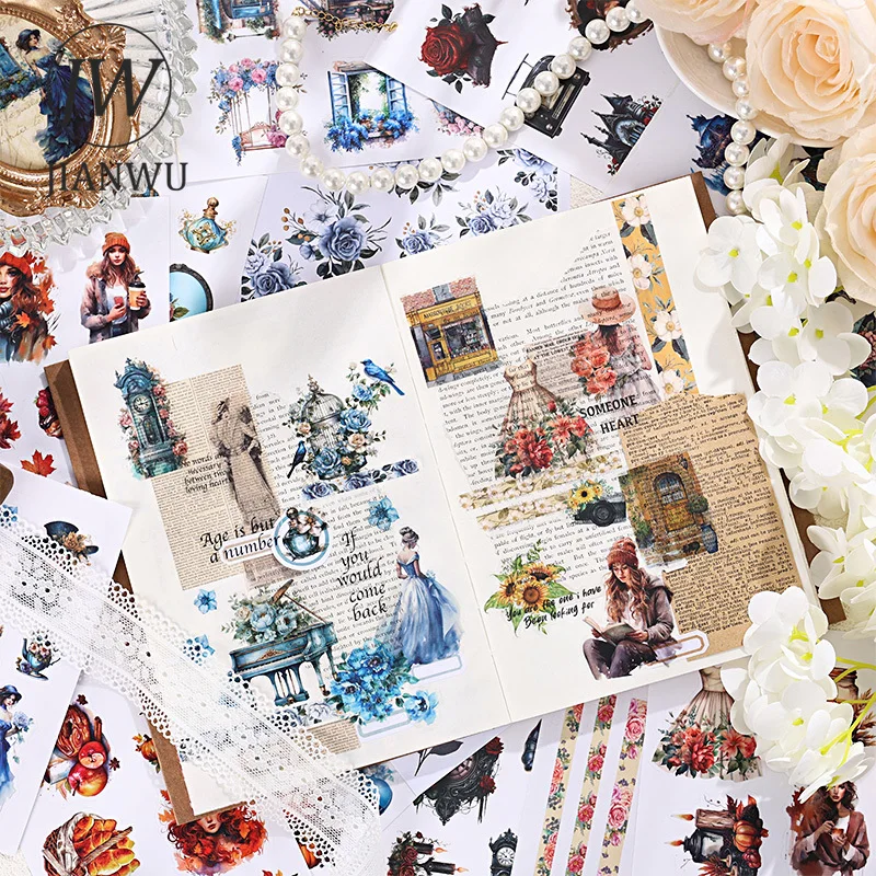 JIANWU Loose Old Times Series Vintage Character Flower Material Collage PET Sticker Book Creative DIY Journal Stationery