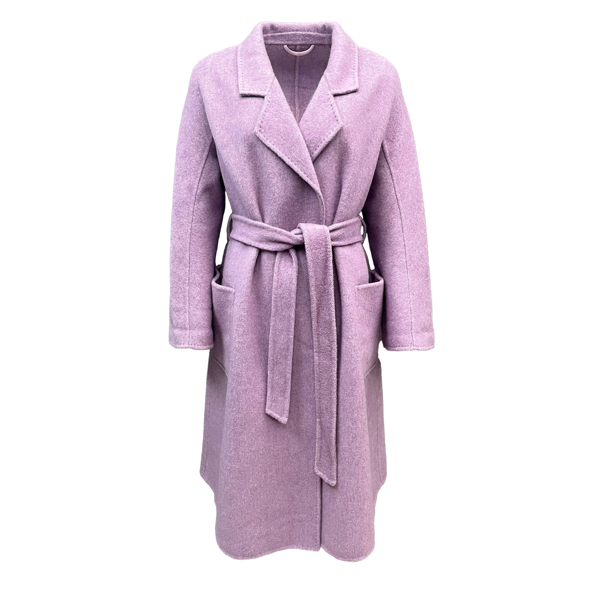 

Chic Turn Down Collar Wool Trench Coat Ladies Belted Long Style Cashmere Wool Coat