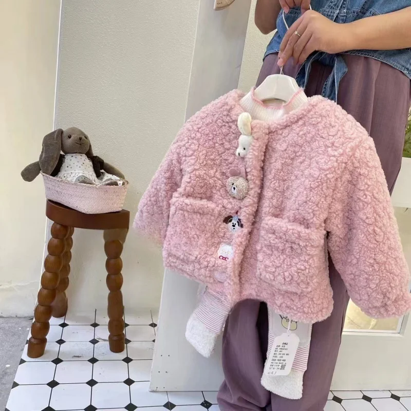 01-Conjunto con forro polar Otoño Invierno estilo coreano chaqueta de algodón de felpa Animal para niñas Leggings a rayas