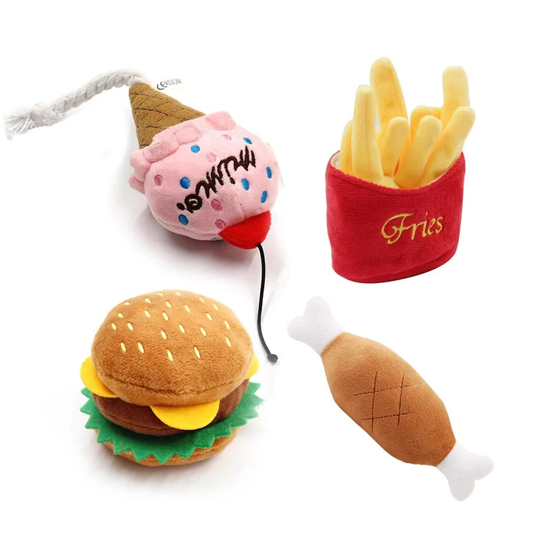 Plush Dog Toys Squeaky Dogs Interactive Pet Perros Toy Soft Squeeze Sound Bite Resistant Teeth Training Chew Fries Humburger