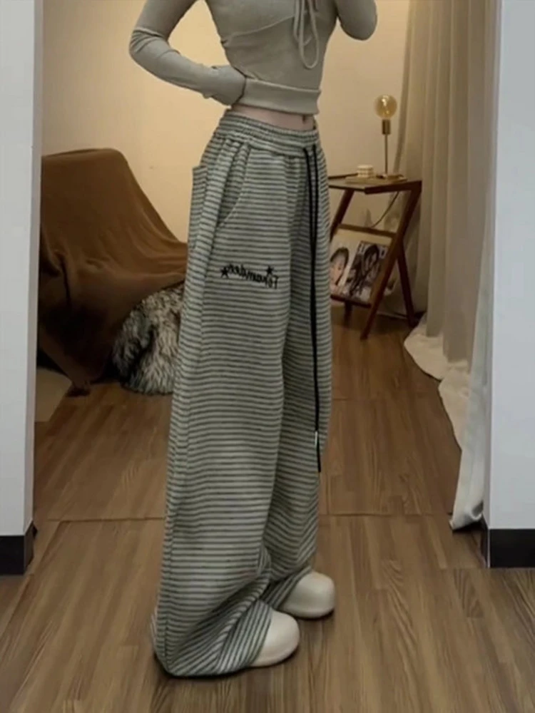 

Американские ретро-брюки в полоску с широкими штанинами на шнурке, женские свободные прямые брюки, весенняя новинка, стиль «ленивый шик»