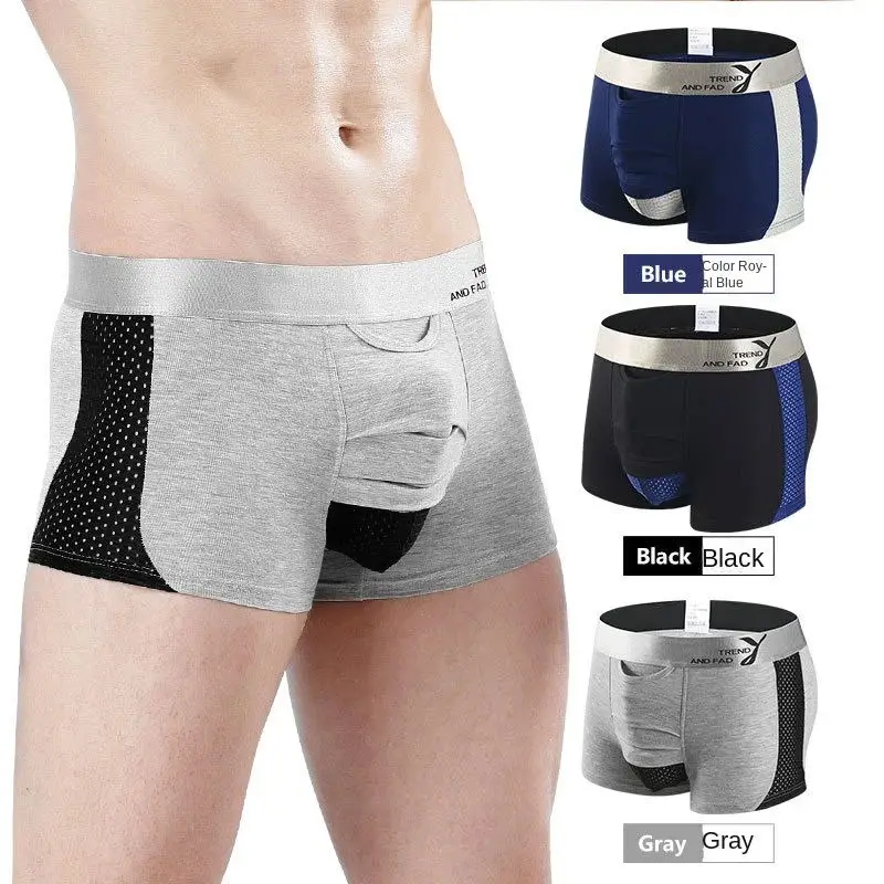 Men Open Front Boxers Underwear Separation Penis Pouch Foreskin Enhancing Bulge Lingerie Health Care Glan Expose Hole Underpants