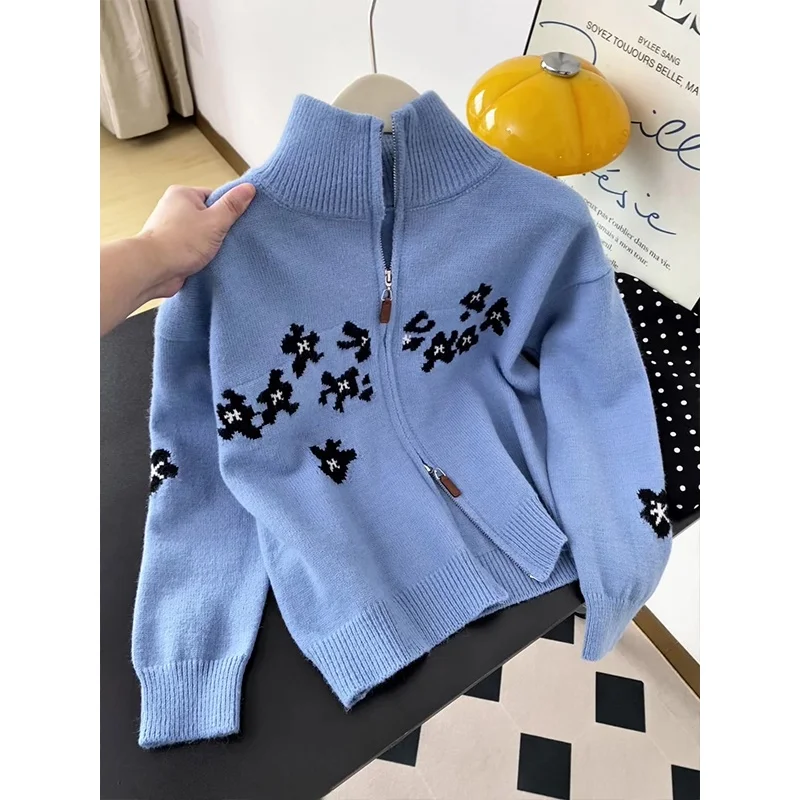 

Blue Flower Embroidery Zipper Half High Collar Knitted Open Cardigan Women's Autumn Winter Design Sense Sweater Jacket