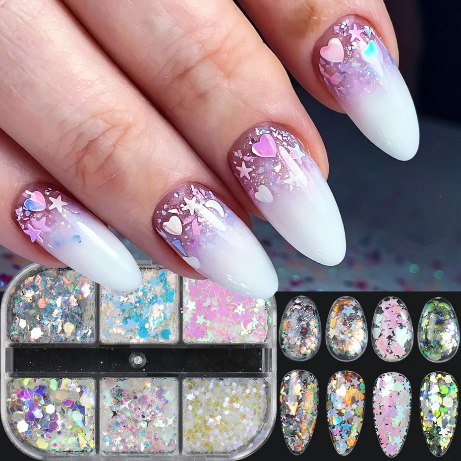 6er-Set bunte Nagel-Pailletten: Sechseck, Stern, Herz – gemischte holografische Glitzerflocken, Meerjungfrauen-Glitzerflocken für Sommer-Dekoration