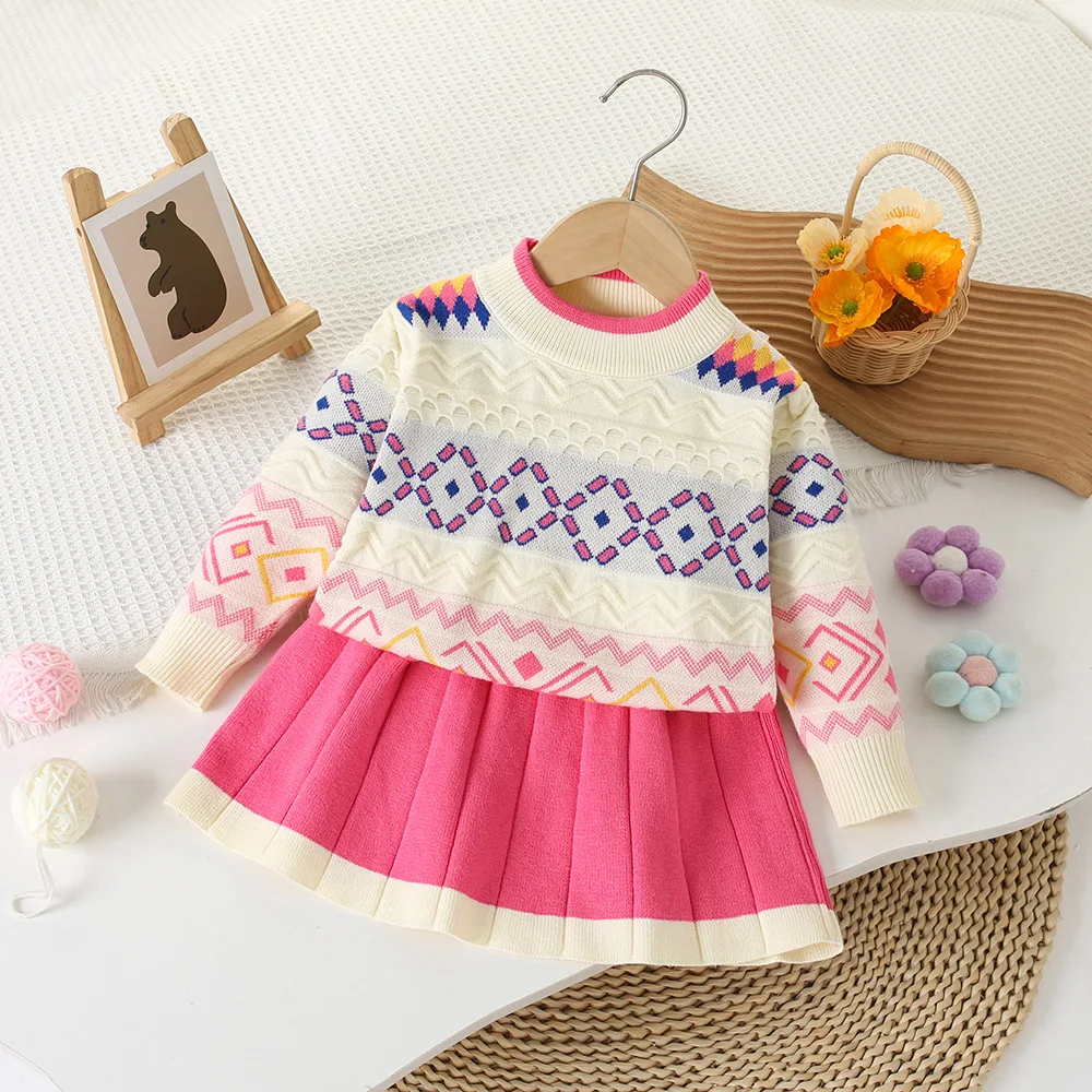 

Girls Knitted Clothes Sets Spring Autumn Children Woolen Jersey Sweaters Tops Skirts 2pcs Dress Suit For Baby Party Outfits Kids