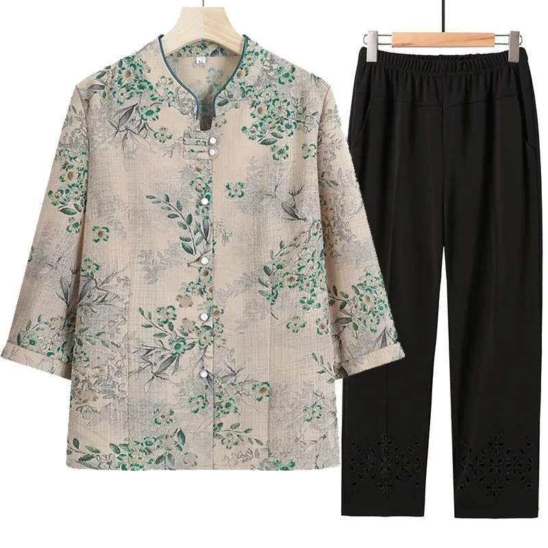 Grandma Costume Seven Points Sleeve Shirt Top Old Lady Summer Short Sleeved Blouse Tops Pant Suit Old Age Mom New Two Piece Set