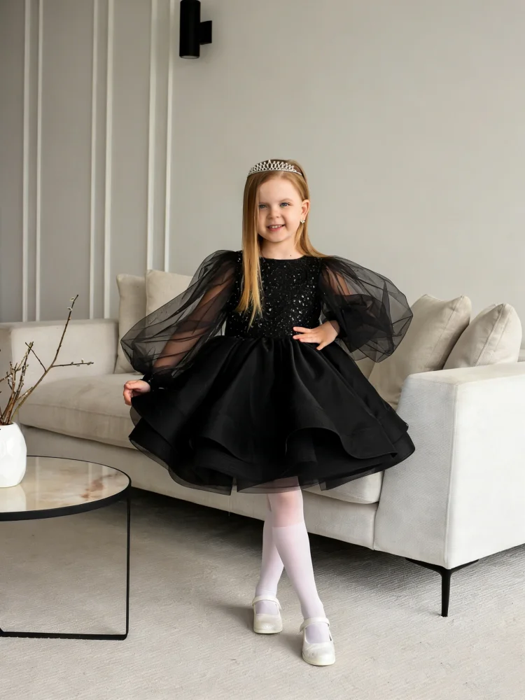 

Blue Baby Girl Dress Puffy Sleeves Dresses For Girls Scoop Collar Communion Dress Knee Length Flower Girl Dresses Kids Dresses