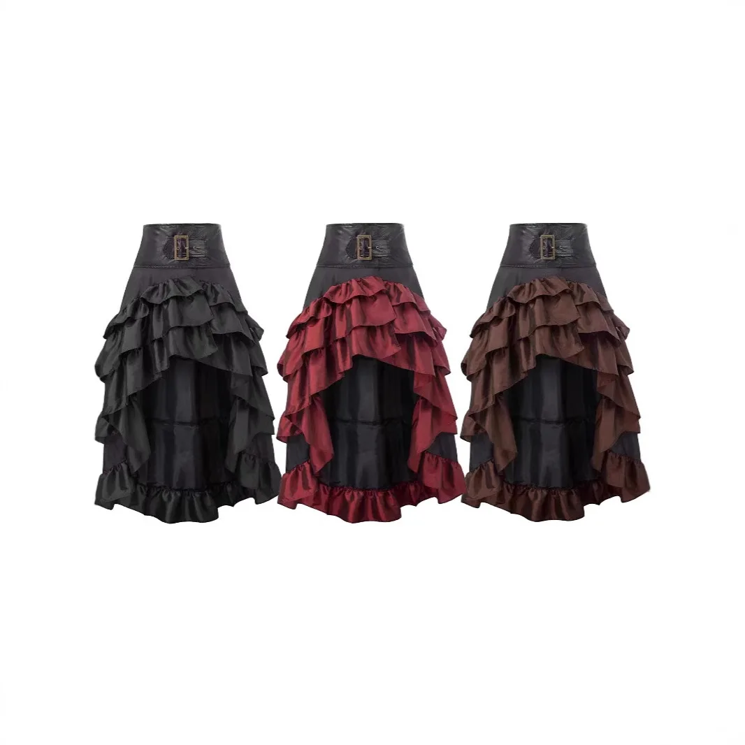 High Waist Patchwork Cake Skirt Vintage Leather Copper Buckle Decor High Low Ruffle Skirt