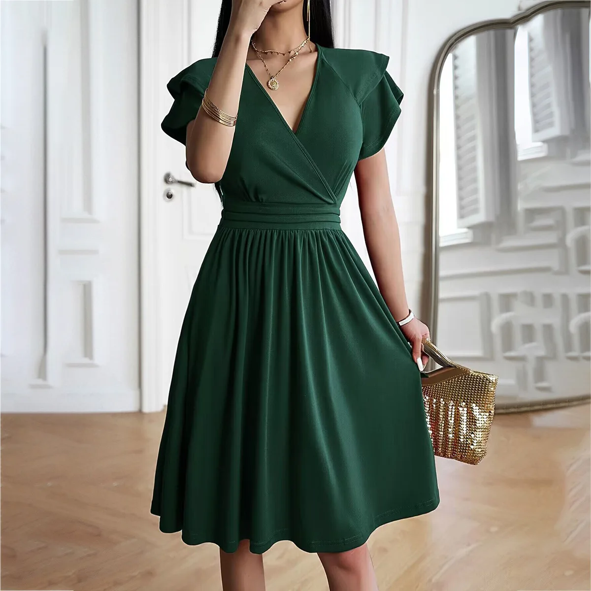 

Women's Clothing 2025 Summer Temperament Elegant Fashion V-neck Waist Petal Sleeve Mid-length Skirt Dress for Women