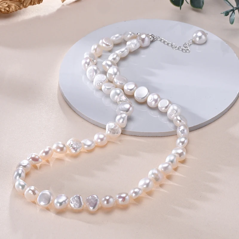 

HENGSHENG Classic Baroque 925 Sterling Silver Freshwater 8-9mm White Pearl Necklace Fine Trendy Jewelry Gift for Women Girls