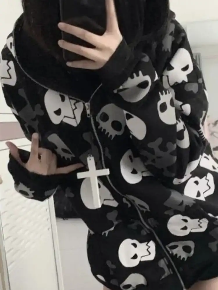 winter vintage Hooded streetwear Harajuku Goth Skull print casual pullover loose punk women\'s sweatshirt y2k clothes Hoodies emo