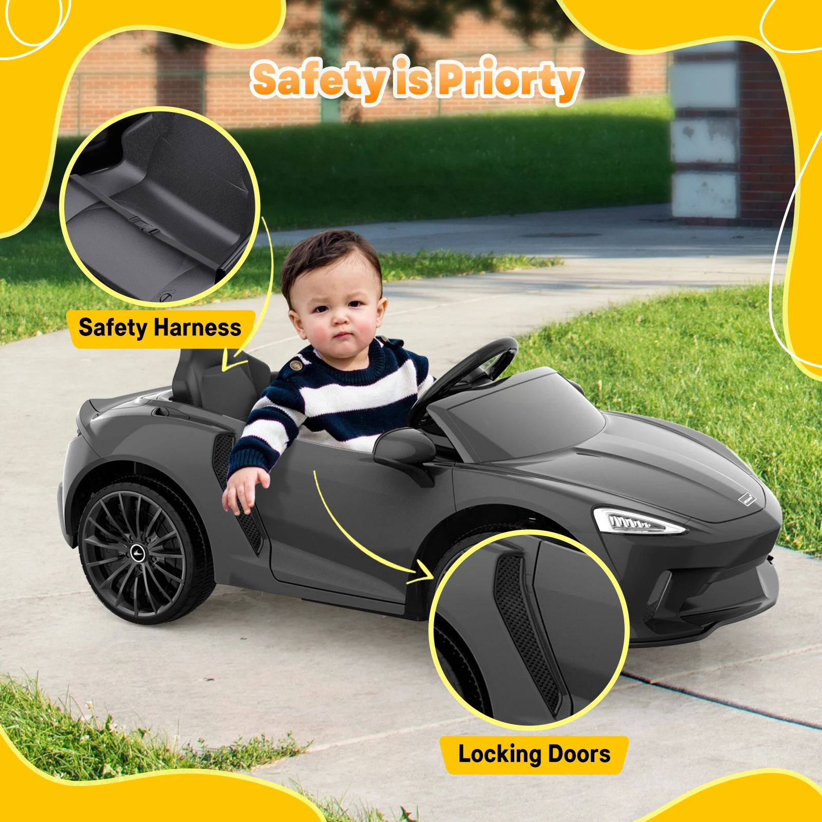 Ride On Car for Kids 12V Licensed Battery Powered Sports Car with Parent Control, Sound System, Led Headlights, Hydraulic Doors