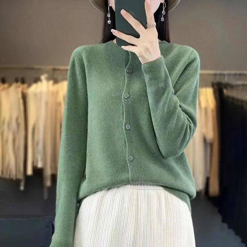 100% Merino Wool Cardigan For Women\'s Spring And Autumn Long Sleeved Solid Color Warm And Soft Cashmere Knitted Sweater Top