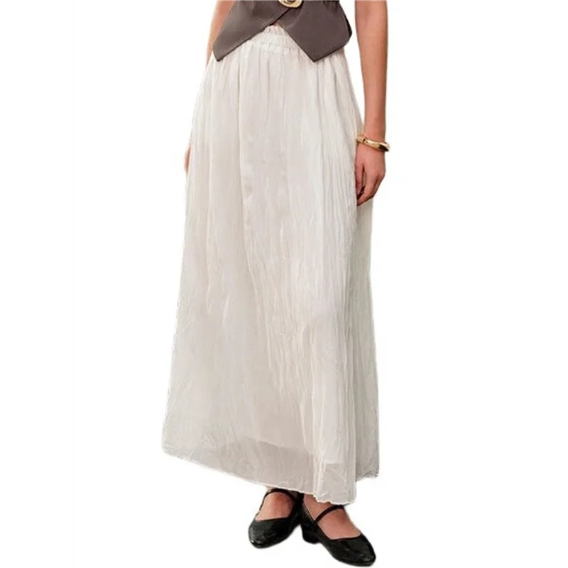

CYL-Women's Elastic Waist A-Line Pleated Casual Long Skirt Elegant Long Skirt