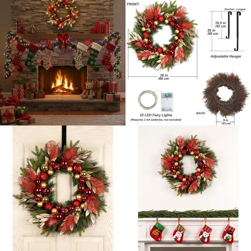 

Золотой красный шар, украшенный 26, искусственный вечнозеленый рождественский венок с огнями для наружного/внутреннего декора входной двери