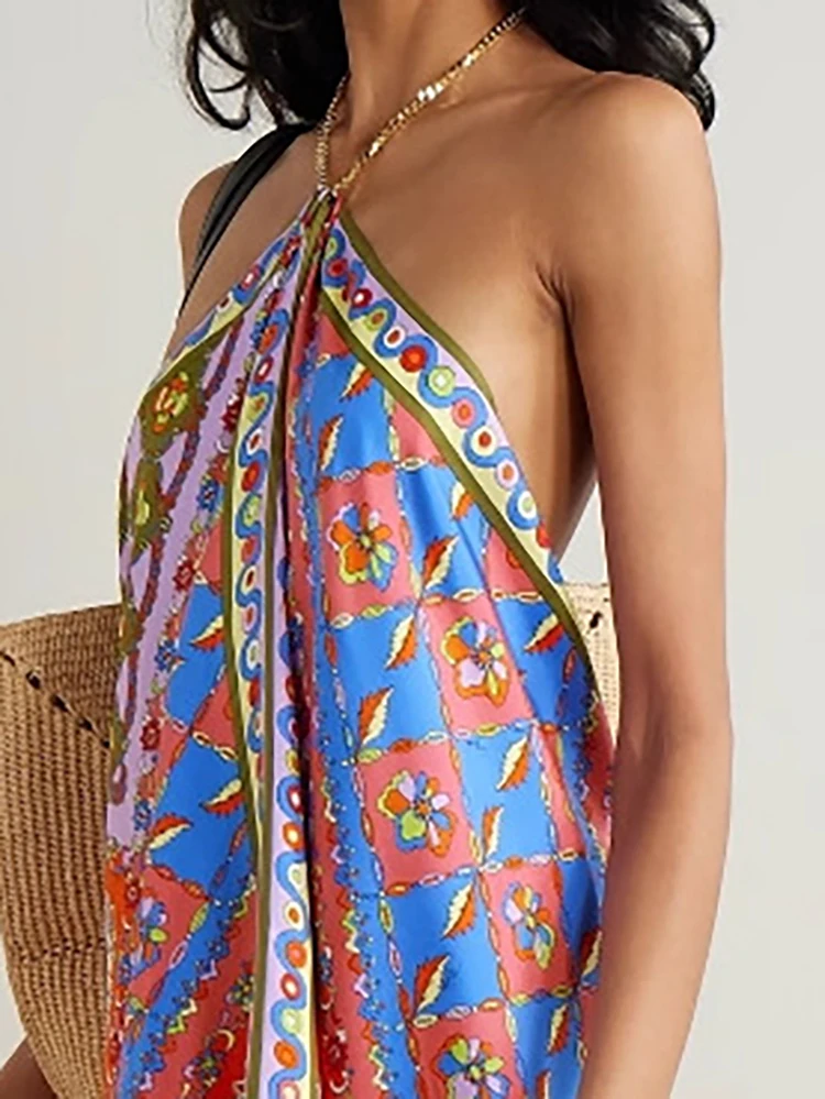 نمط عرقي قبالة الكتف بلا أكمام الرسن رداء غير منتظم عادية عارية الذراعين كشكش فضفاض عطلة فستان أنيق فستان طباعة الساتان