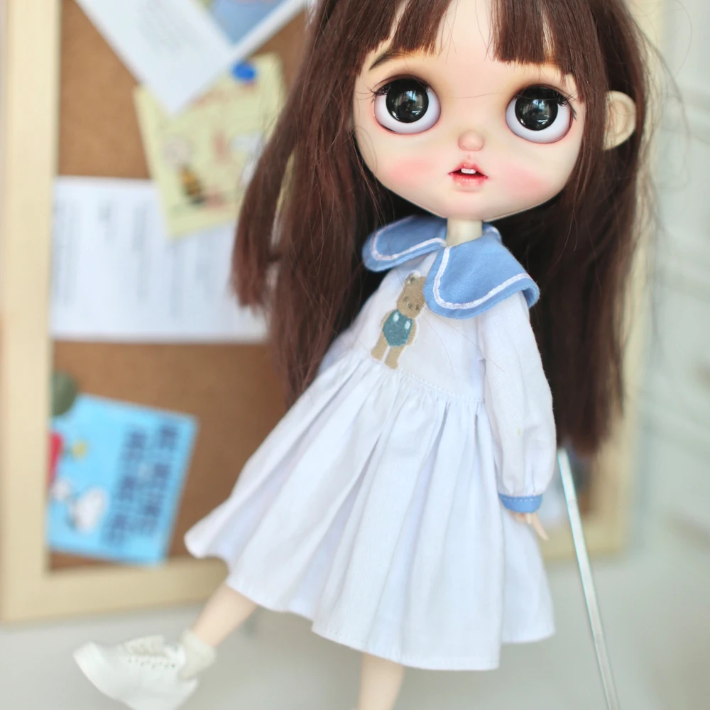 

H01-A037 children handmade toy 1/6 ob24 azone blyth doll clothes Cute Bear Doll Neck Dress white color 1pcs