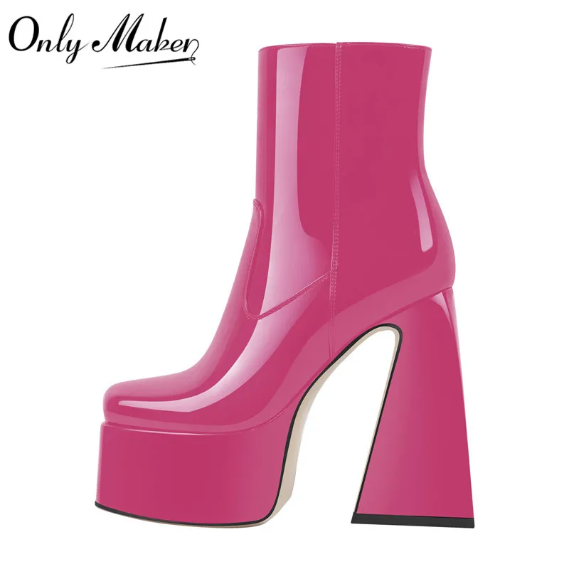 

Onlymaker Woman Square Toe Chunky Ankle Boots Thick High Heels Platform Black Pink Zip Punk Booties