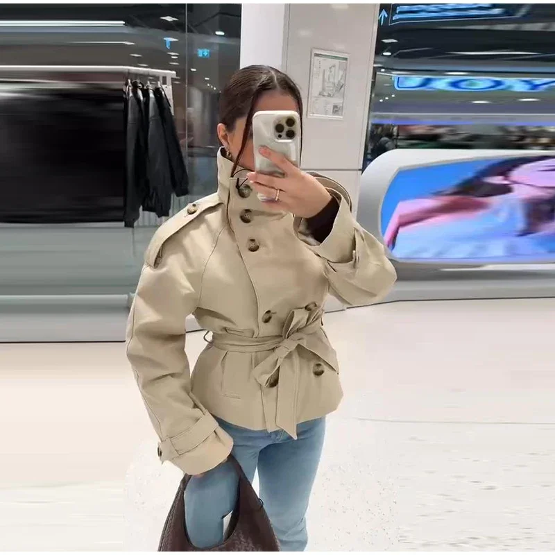 Einfarbiger Damen-Trenchcoat mit Schnürung, Stehkragen, Doppelreihig, Modisch 2026 Frühling Herbst, Elegante Lässige Damenjacke – Detail 11