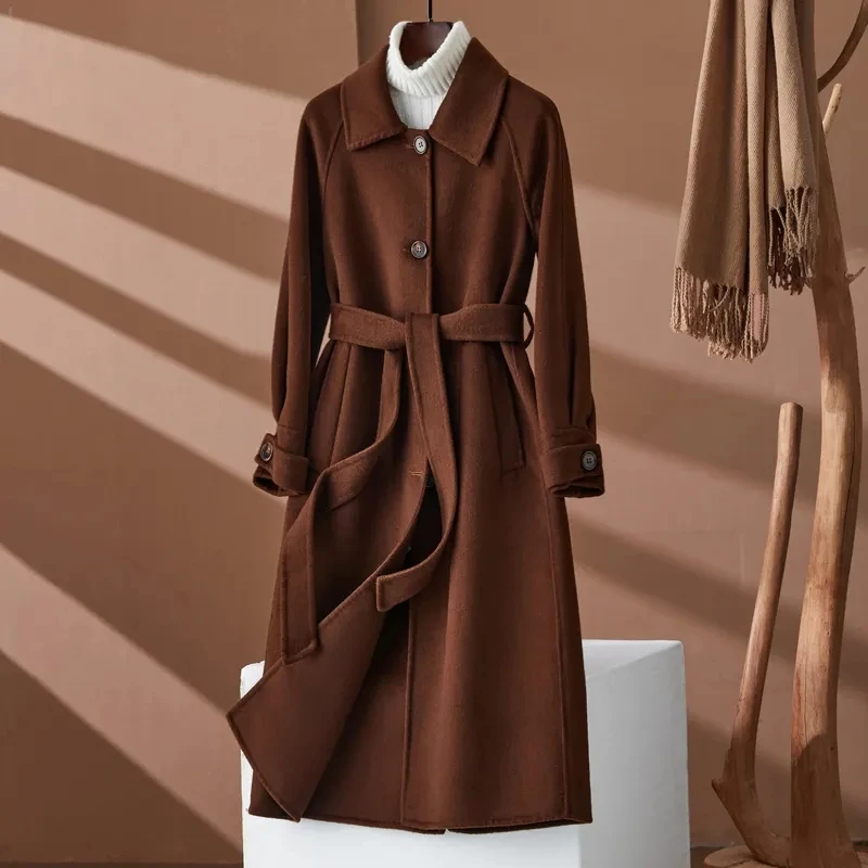 

2023 Autumn Winter New Woolen Windbreaker Women's Overcoat Single-Breasted Long Loose Belt Formal Double-Sided Woolen Coat