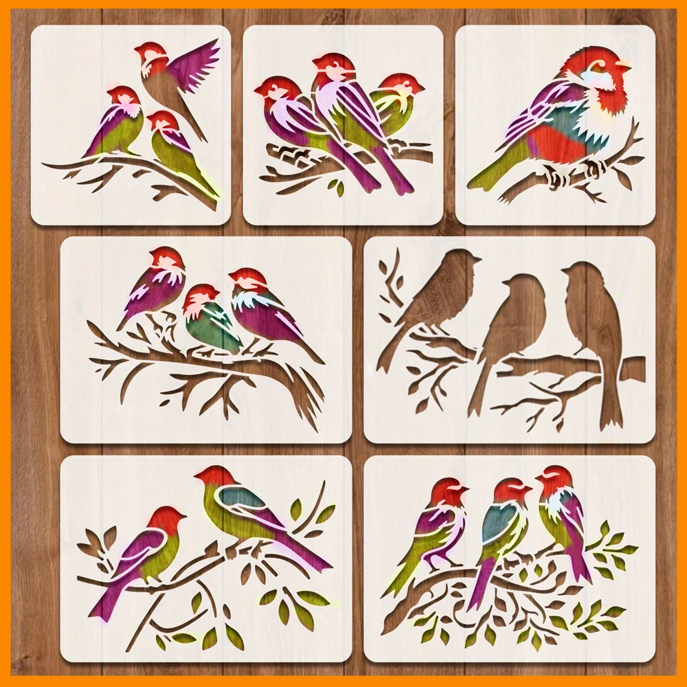 7Pcs Bird Paint Stencil Reusable Painting Templates for Kids/Adults Card Making/Wall/Fabric/Furniture DIY Graffiti Drawing Tool