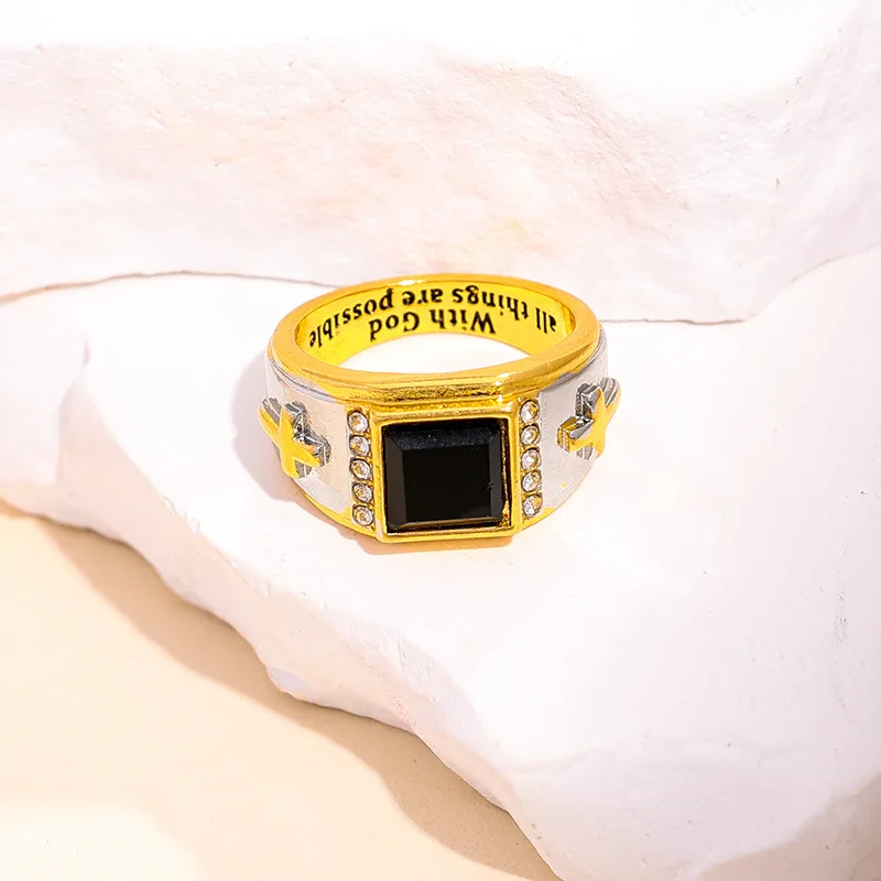 

European and American new fashion cross black gemstone inlaid personalized hip-hop men's ring