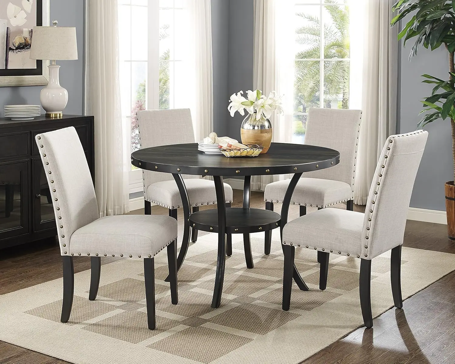 

Dining Collection Espresso Wood Set Fabric Nailhead Chairs Tan 5 Piece Dining Set Includes One Table and 4 Chairs