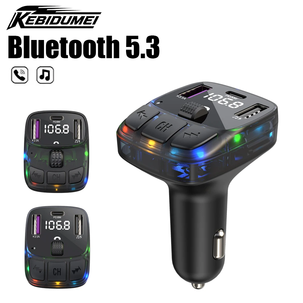 KEBIDUMEI C56 C57 Car Bluetooth Receiver BT5.3 FM Transmitter PD30W 3 Ports Car Charger Digital Display Adapter Auto Accessories