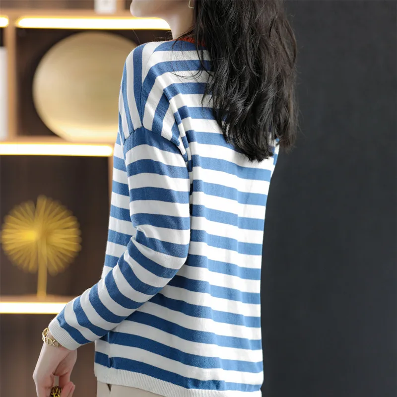 Classic Striped Spring Round Neck Pure Cotton Thin Long-Sleeved Women\'s Loose T-Shirt Contrast Color Knit Sweater Base SMY C16