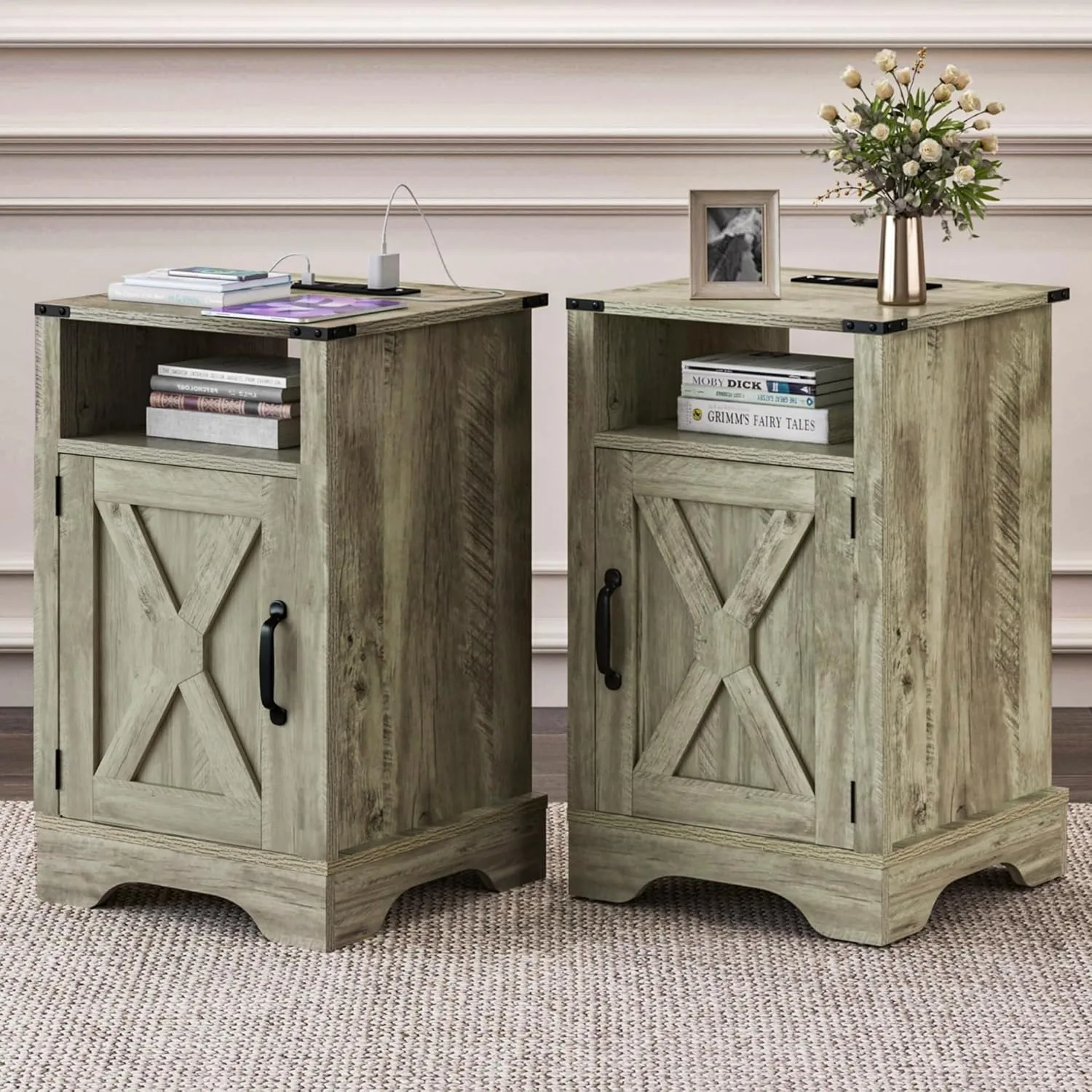 Nightstand Set of 2 with Charging Station, Tall Farmhouse Bedside Table with Large Storage & Shelf, Wooden End Table(Light Grey)