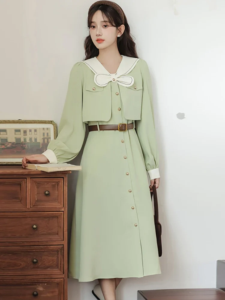 

Autumn Winter Green Single Breasted Bodycon Bandage Long Dress Women Elegant Sailor Collar Dress 2024 Korean Fashion Chic Dress