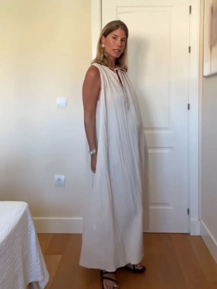 HH femme nouvelle mode Chic robe longue solide col en v nœud à lacets décoration femmes été décontracté robes sans manches en vrac