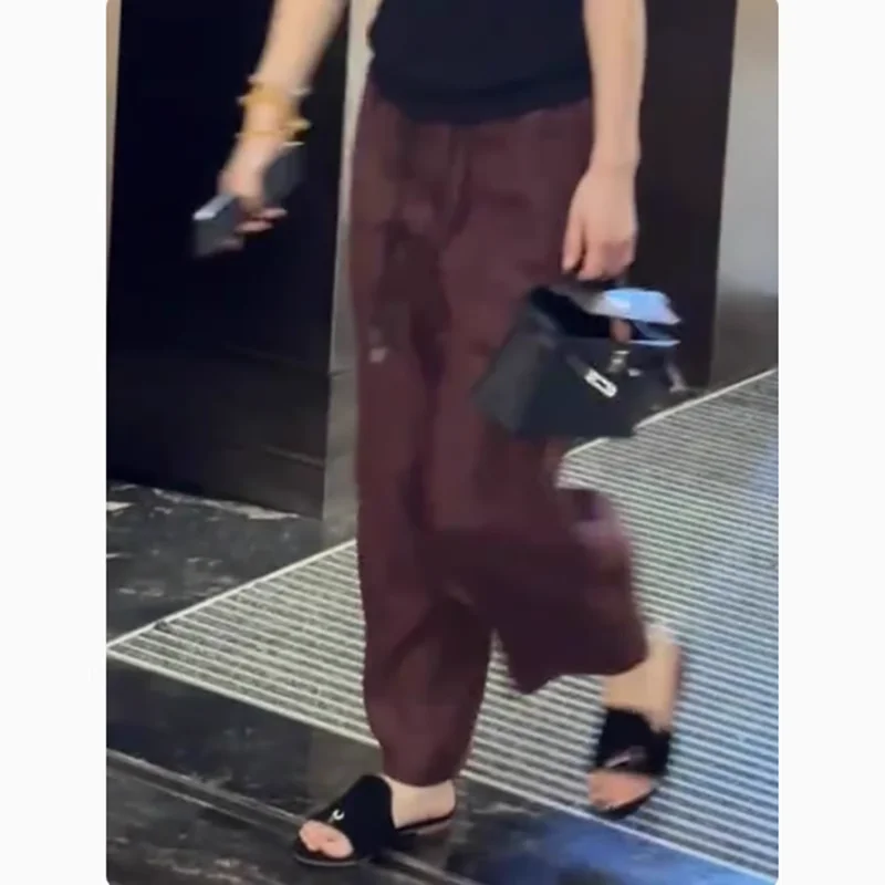 Pantalones de pierna ancha de lino y algodón para mujer, pantalón informal, holgado, adelgazante, de nueve puntos, color rojo y marrón, a la moda