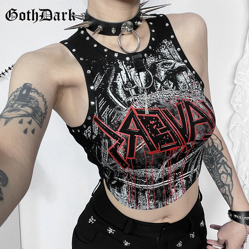 Goth Dark Punk Style Rivet Sleeveless Crop Tops Women Casual Streetwear Mall Gothic Letter Print Tanks Top Cyber Y2K Basic Vests