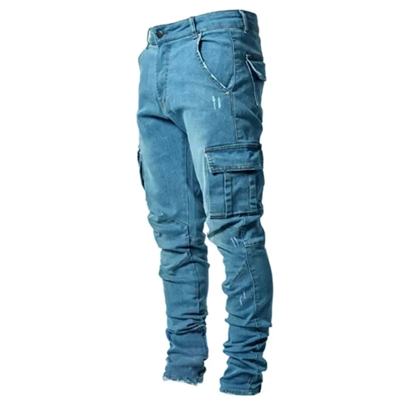 Street Elastic Jeans Men Denim Cargo Pants Wash Solid Color Multi Pockets Casual Mid Waist Trousers Slim Fit Daily Wear Joggers