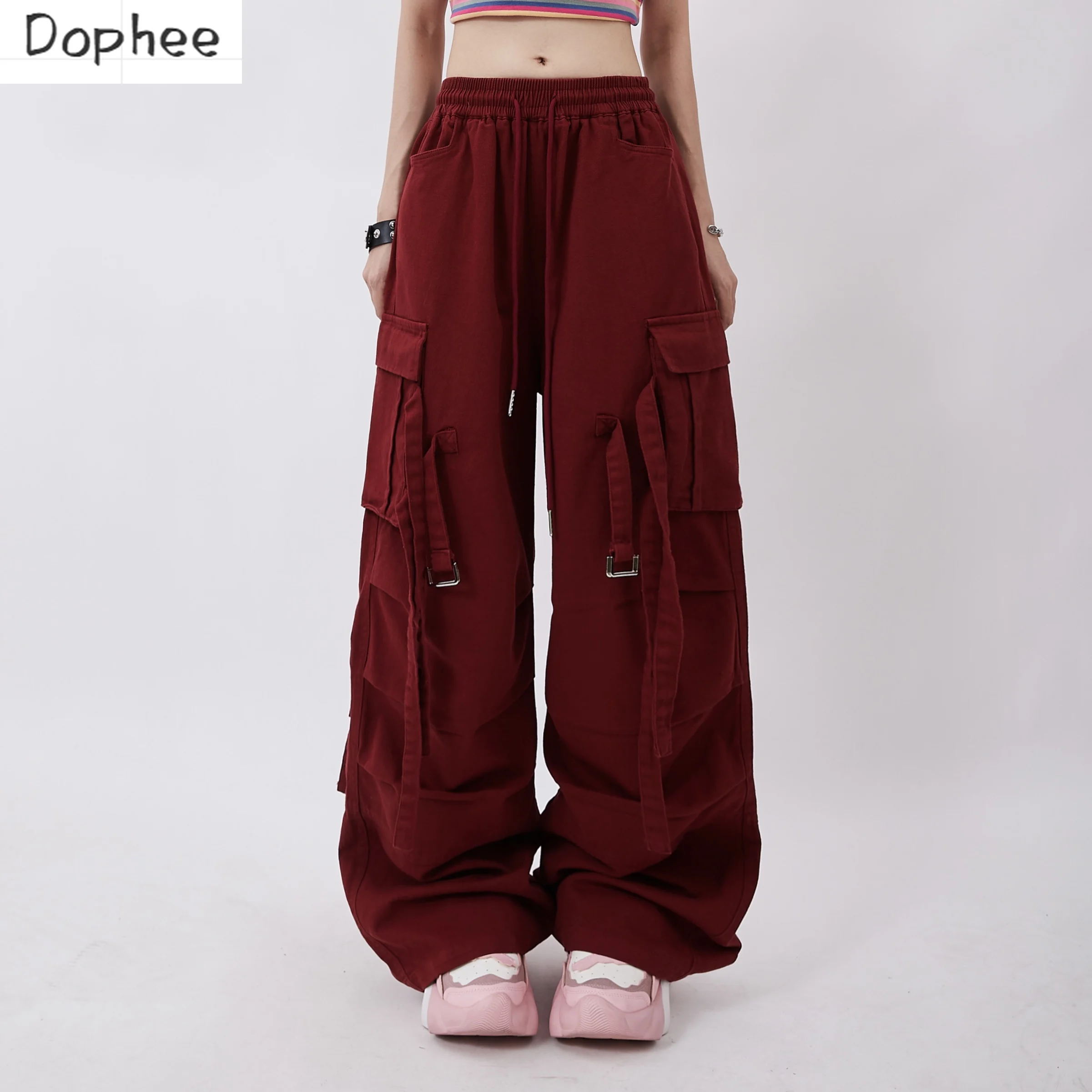 Dophee Red Cargo Pants for Women American Style Multi Pockets Ribbon Dopamine Straight Pants Drawstring Elastic Dance Trousers