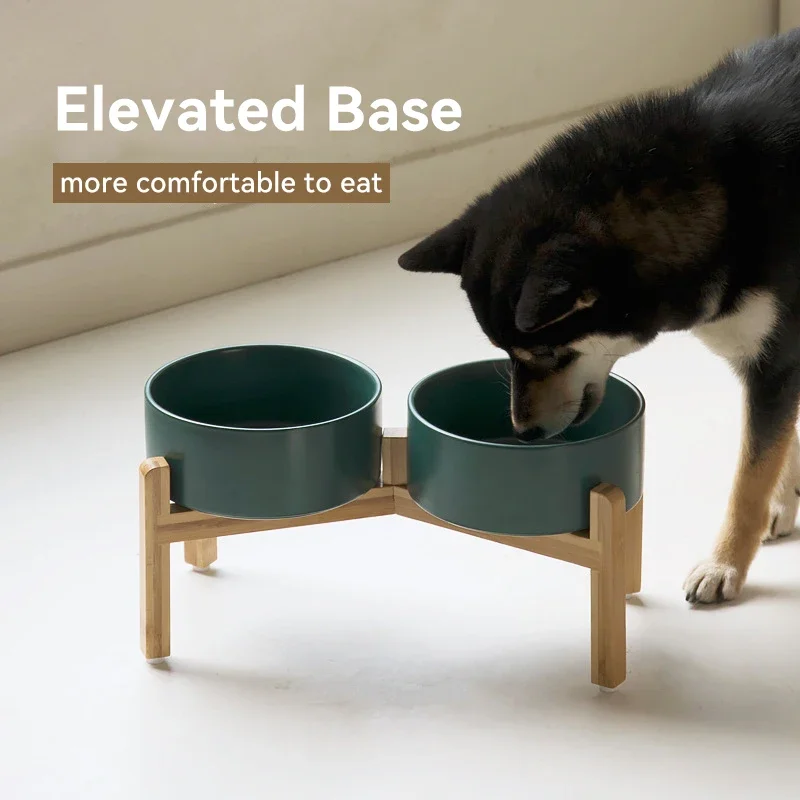 Medium Big Dogs Bowl Pet Ceramic Food Water Double Bowls with Wooden Stand Cat Elevated Drinking Eating Bowl 1200ml 1800ml - view 3